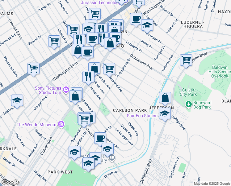 map of restaurants, bars, coffee shops, grocery stores, and more near 4228 Jasmine Avenue in Culver City