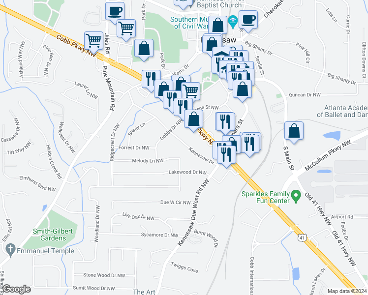 map of restaurants, bars, coffee shops, grocery stores, and more near 2539 Kennesaw Drive in Kennesaw