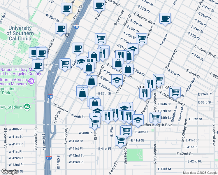 map of restaurants, bars, coffee shops, grocery stores, and more near 165 East 36th Place in Los Angeles