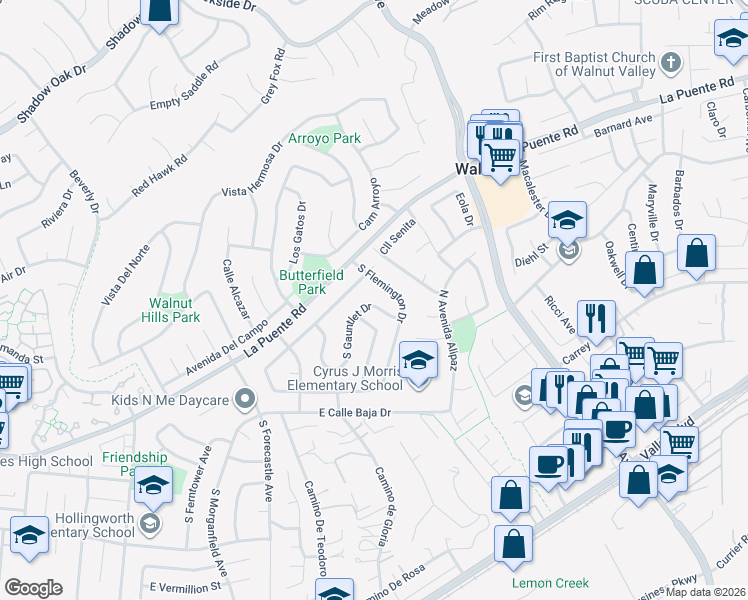 map of restaurants, bars, coffee shops, grocery stores, and more near 3509 South Gauntlet Drive in West Covina