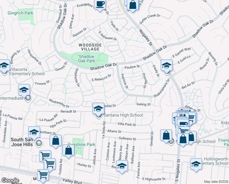 map of restaurants, bars, coffee shops, grocery stores, and more near 2330 Lindsey Court in West Covina
