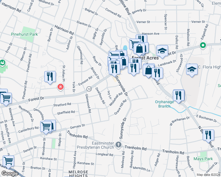 map of restaurants, bars, coffee shops, grocery stores, and more near 3048 Girardeau Avenue in Columbia