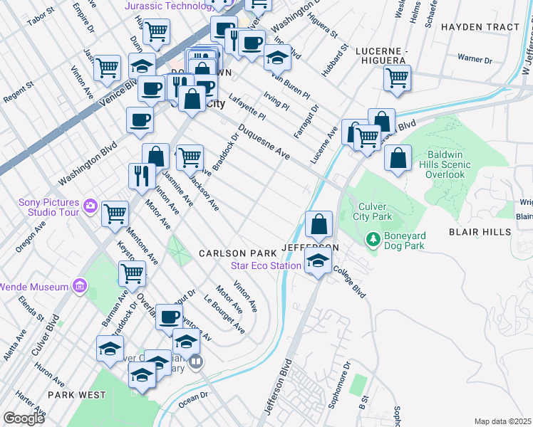 map of restaurants, bars, coffee shops, grocery stores, and more near 4225 La Salle Avenue in Culver City