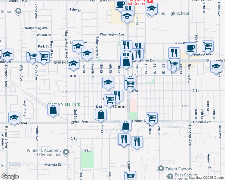 map of restaurants, bars, coffee shops, grocery stores, and more near 13085 6th Street in Chino