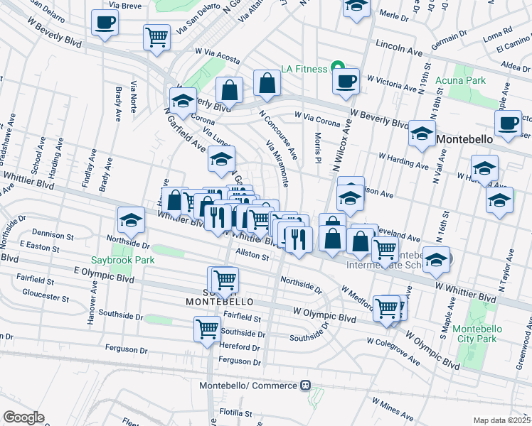 map of restaurants, bars, coffee shops, grocery stores, and more near 2441 West Cleveland Avenue in Montebello