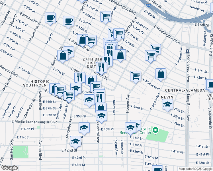 map of restaurants, bars, coffee shops, grocery stores, and more near 1117 East 29th Street in Los Angeles