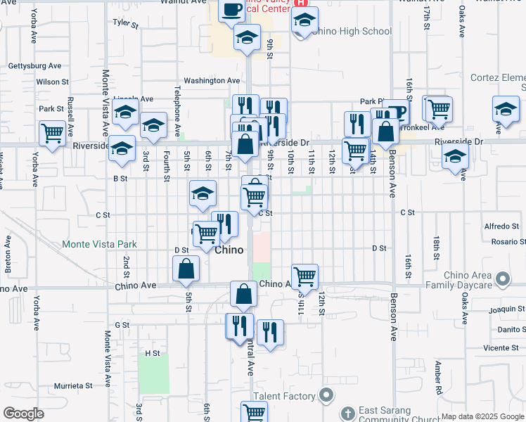 map of restaurants, bars, coffee shops, grocery stores, and more near 5334 C Street in Chino