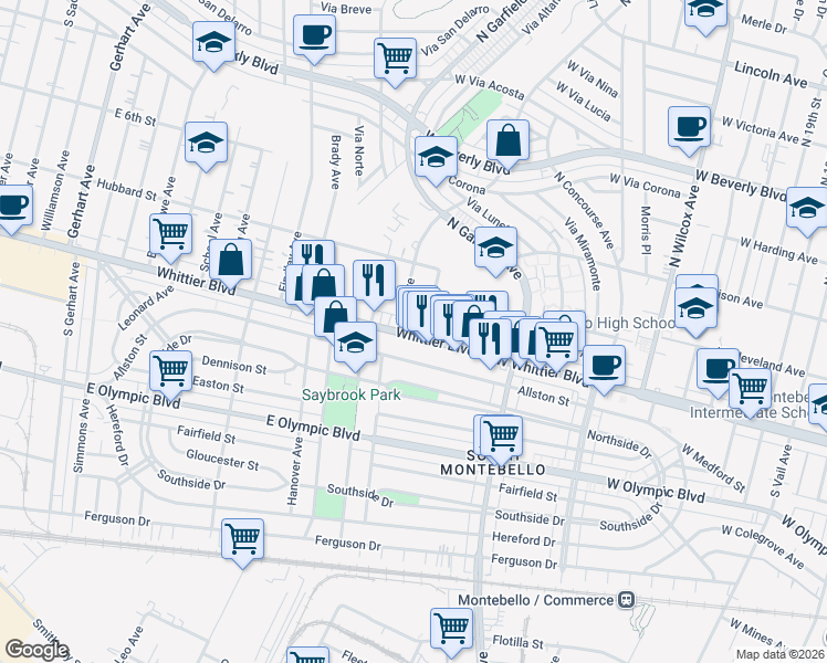 map of restaurants, bars, coffee shops, grocery stores, and more near 6417 Whittier Boulevard in East Los Angeles