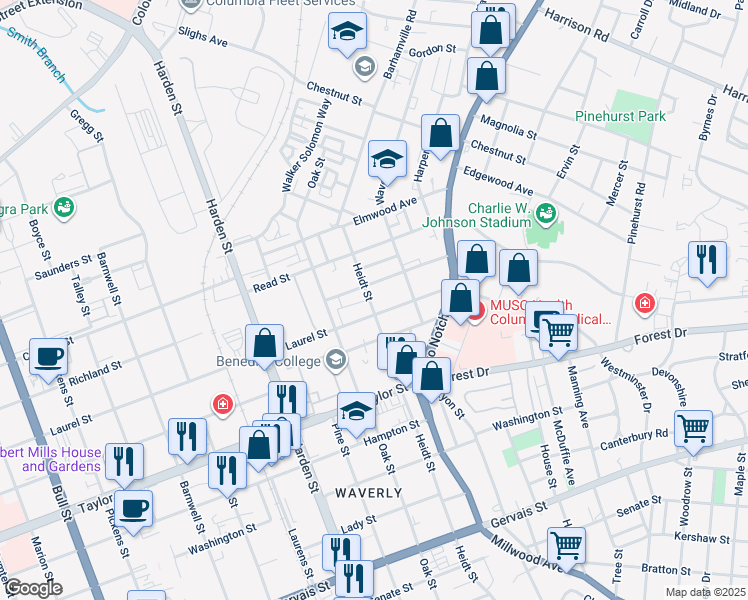 map of restaurants, bars, coffee shops, grocery stores, and more near 1826 Heidt Street in Columbia