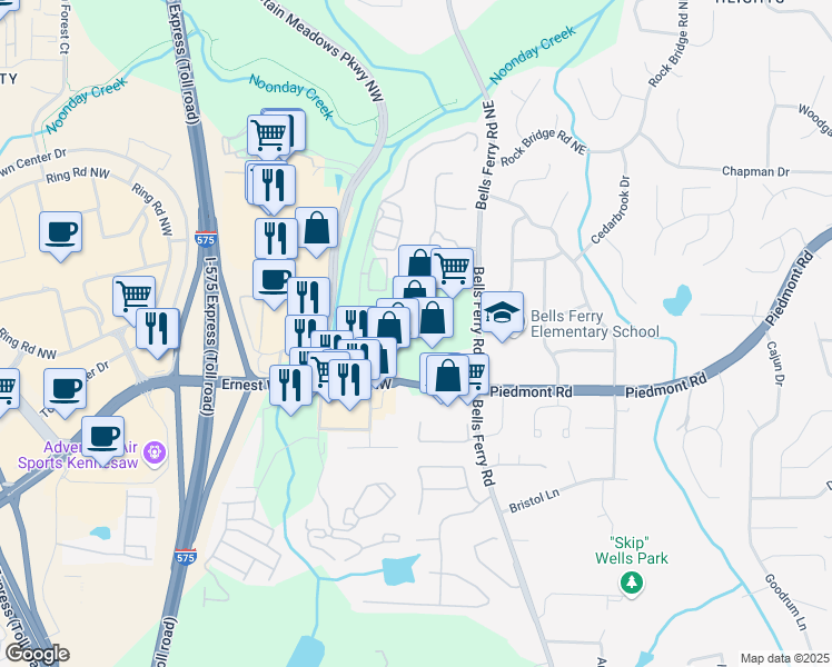 map of restaurants, bars, coffee shops, grocery stores, and more near 50 Ernest W Barrett Parkway Northwest in Marietta