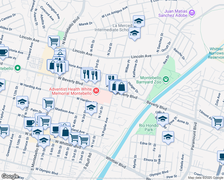 map of restaurants, bars, coffee shops, grocery stores, and more near 116 East Beverly Boulevard in Montebello
