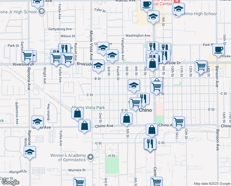map of restaurants, bars, coffee shops, grocery stores, and more near 13086 Fourth Street in Chino
