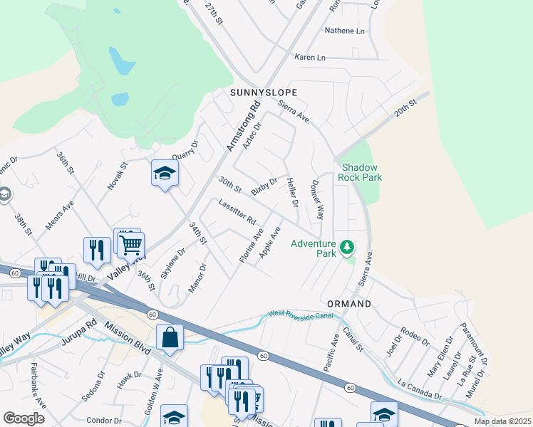 map of restaurants, bars, coffee shops, grocery stores, and more near 6540 30th Street in Riverside
