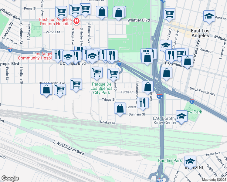 map of restaurants, bars, coffee shops, grocery stores, and more near 1339 South Sunol Drive in Los Angeles