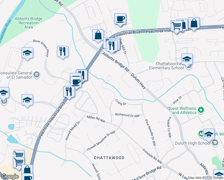 map of restaurants, bars, coffee shops, grocery stores, and more near 4137 Rogers Creek Court in Duluth