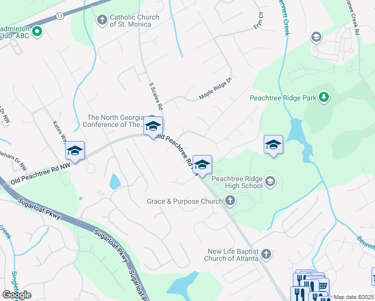 map of restaurants, bars, coffee shops, grocery stores, and more near 1695 Old Peachtree Road Northwest in Suwanee