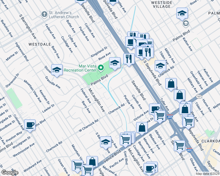 map of restaurants, bars, coffee shops, grocery stores, and more near 3491 Butler Avenue in Los Angeles