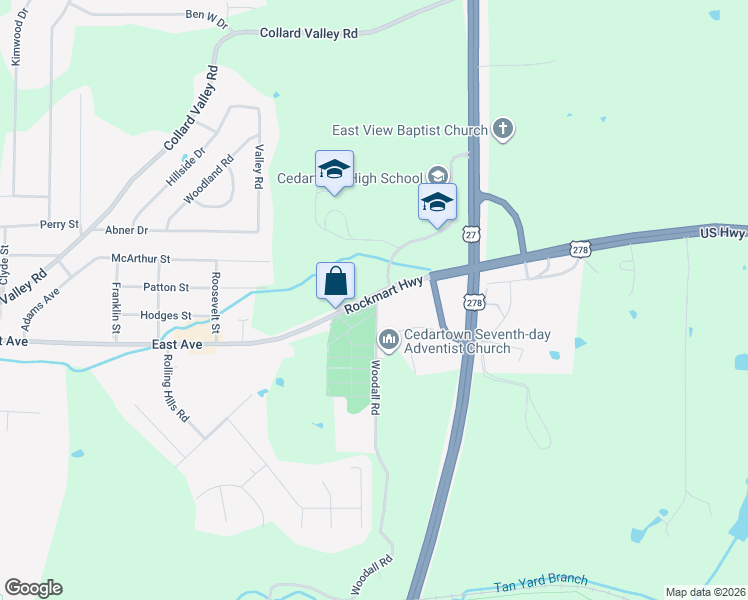 map of restaurants, bars, coffee shops, grocery stores, and more near 1452 Rockmart Highway in Cedartown