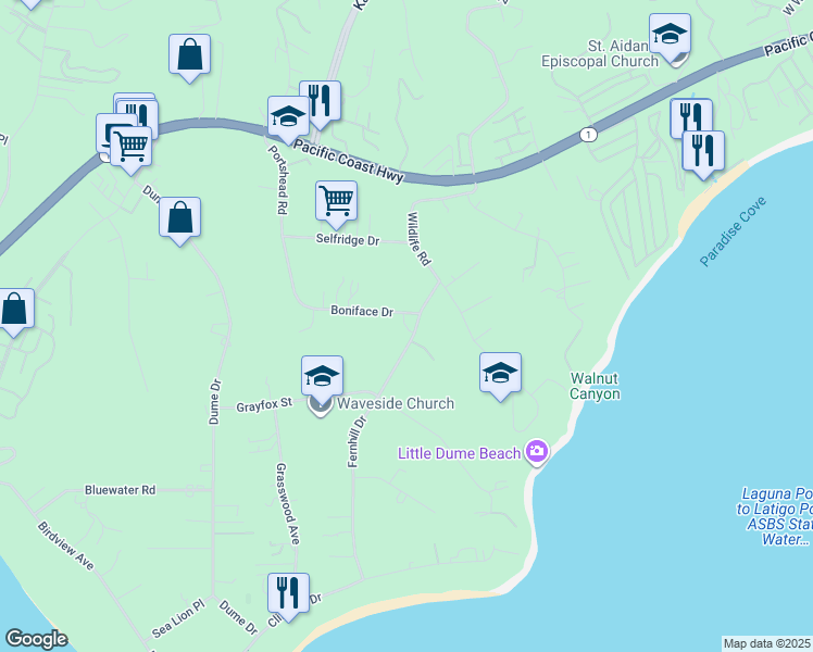 map of restaurants, bars, coffee shops, grocery stores, and more near 6785 Fernhill Drive in Malibu