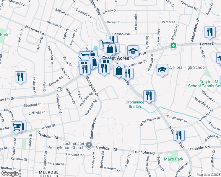 map of restaurants, bars, coffee shops, grocery stores, and more near 1424 McArthur Avenue in Columbia
