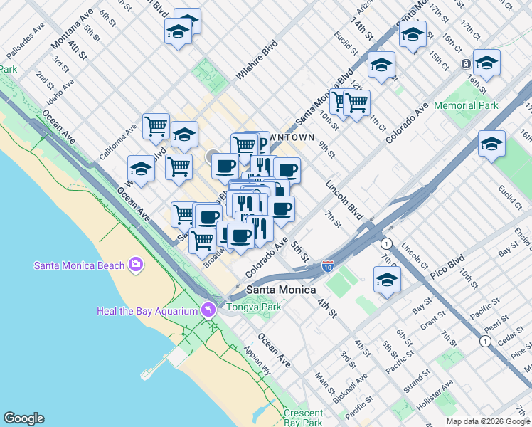 map of restaurants, bars, coffee shops, grocery stores, and more near 1500 5th Street in Santa Monica