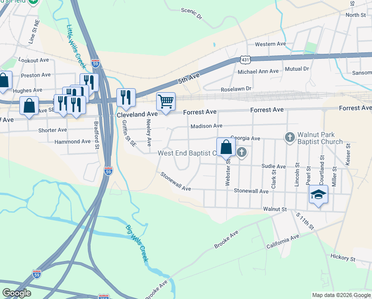 map of restaurants, bars, coffee shops, grocery stores, and more near 402 Madison Circle in Gadsden
