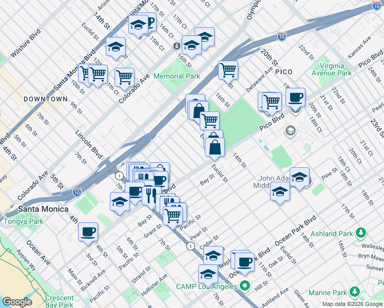 map of restaurants, bars, coffee shops, grocery stores, and more near 1915 12th Street in Santa Monica