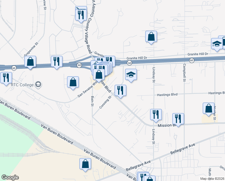 map of restaurants, bars, coffee shops, grocery stores, and more near in Jurupa Valley