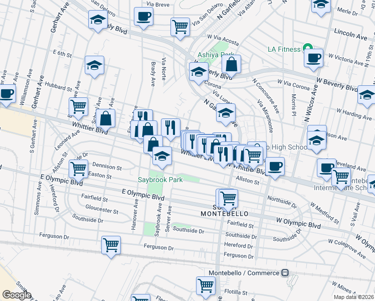 map of restaurants, bars, coffee shops, grocery stores, and more near 6413 Whittier Boulevard in East Los Angeles