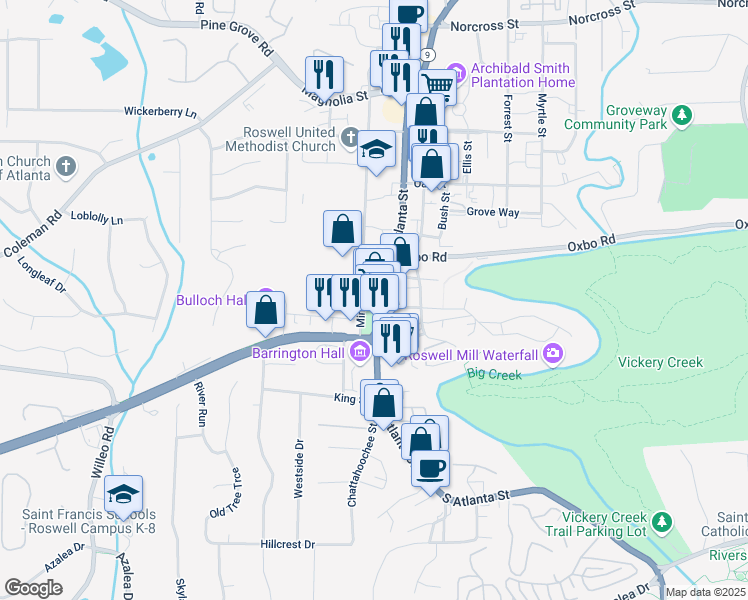 map of restaurants, bars, coffee shops, grocery stores, and more near 43 Sloan Street in Roswell
