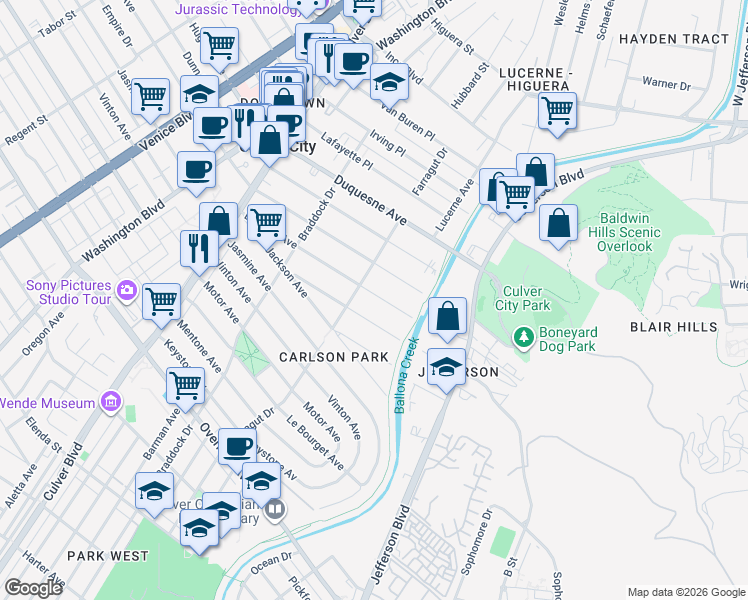 map of restaurants, bars, coffee shops, grocery stores, and more near 4225 La Salle Avenue in Culver City