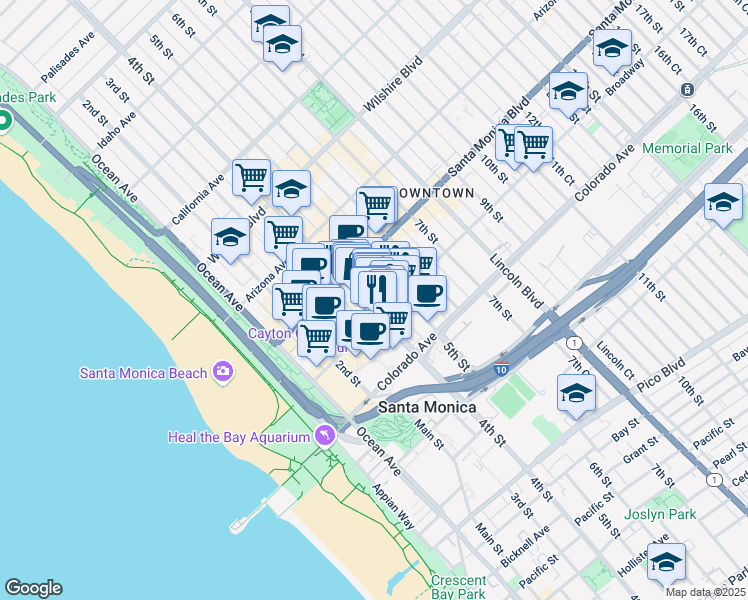 map of restaurants, bars, coffee shops, grocery stores, and more near 1447 4th Street in Santa Monica
