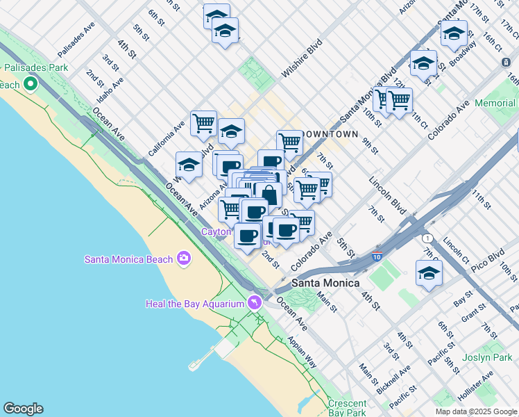 map of restaurants, bars, coffee shops, grocery stores, and more near in Santa Monica