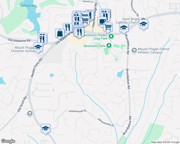 map of restaurants, bars, coffee shops, grocery stores, and more near 9735 Rod Road in Alpharetta
