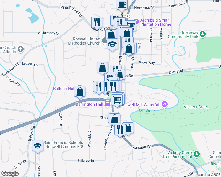 map of restaurants, bars, coffee shops, grocery stores, and more near 49 Park Square Court in Roswell