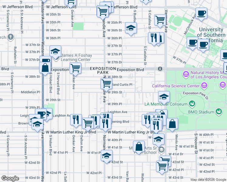 map of restaurants, bars, coffee shops, grocery stores, and more near 1251 West 39th Street in Los Angeles