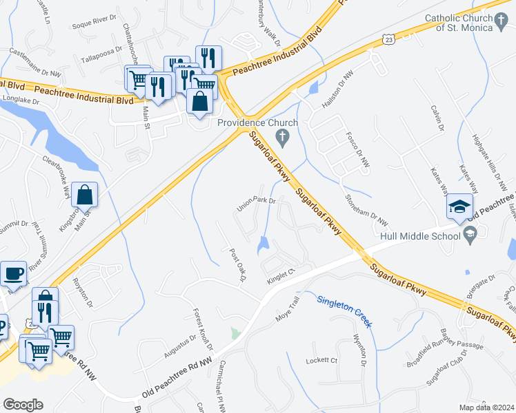 map of restaurants, bars, coffee shops, grocery stores, and more near Terrah Point Drive in Duluth