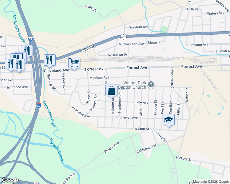 map of restaurants, bars, coffee shops, grocery stores, and more near 306 Webster Street in Gadsden