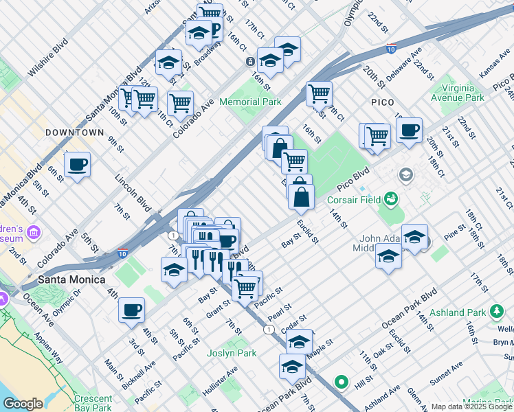 map of restaurants, bars, coffee shops, grocery stores, and more near 1848 12th Street in Santa Monica