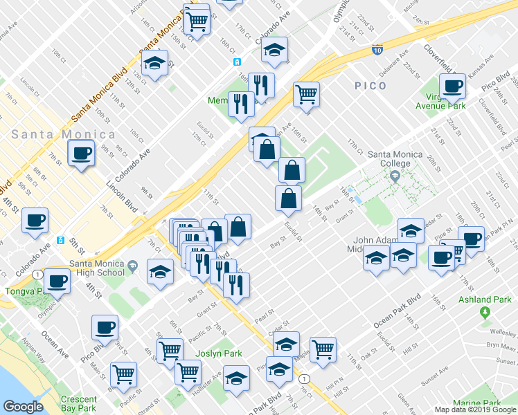 map of restaurants, bars, coffee shops, grocery stores, and more near 1915 12th Street in Santa Monica