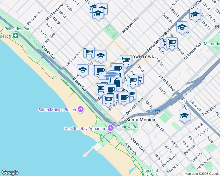 map of restaurants, bars, coffee shops, grocery stores, and more near Santa Monica Blvd & Third Street Promenade in Santa Monica