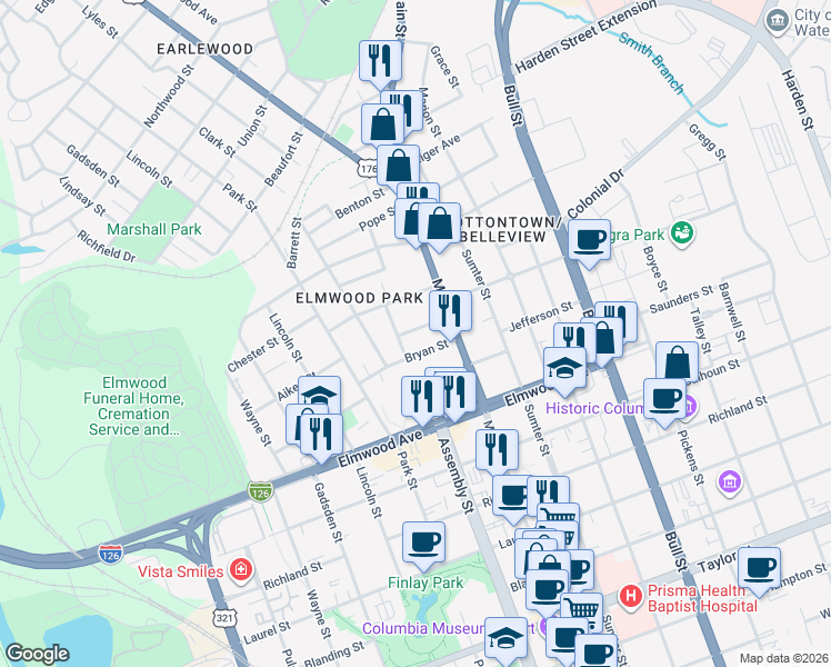 map of restaurants, bars, coffee shops, grocery stores, and more near 2212 Rembert Street in Columbia