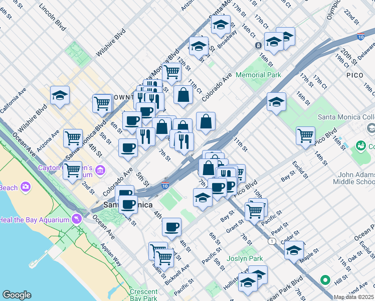map of restaurants, bars, coffee shops, grocery stores, and more near 1661 Lincoln Boulevard in Santa Monica
