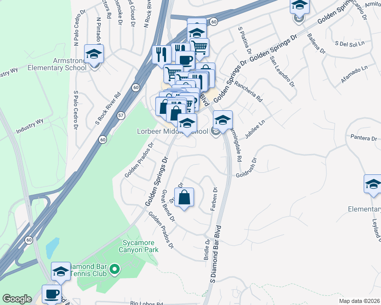 map of restaurants, bars, coffee shops, grocery stores, and more near 23315 Goldrush Drive in Diamond Bar
