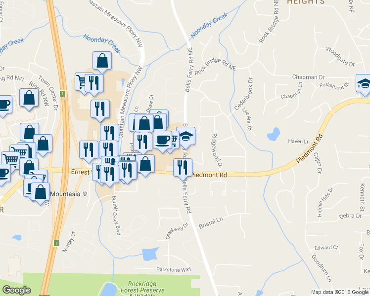 map of restaurants, bars, coffee shops, grocery stores, and more near 2599 Bells Ferry Road Northeast in Marietta