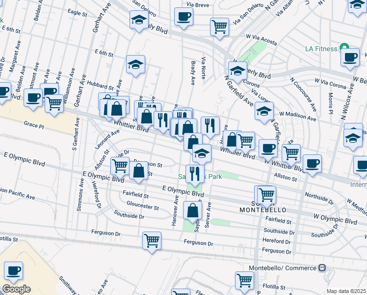 map of restaurants, bars, coffee shops, grocery stores, and more near 6210 Allston Street in East Los Angeles