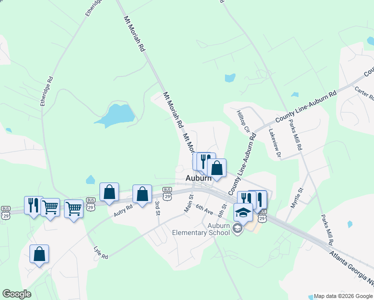 map of restaurants, bars, coffee shops, grocery stores, and more near 46 Mount Moriah Road in Auburn