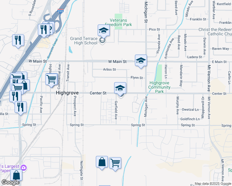 map of restaurants, bars, coffee shops, grocery stores, and more near 301 Garfield Avenue in Riverside