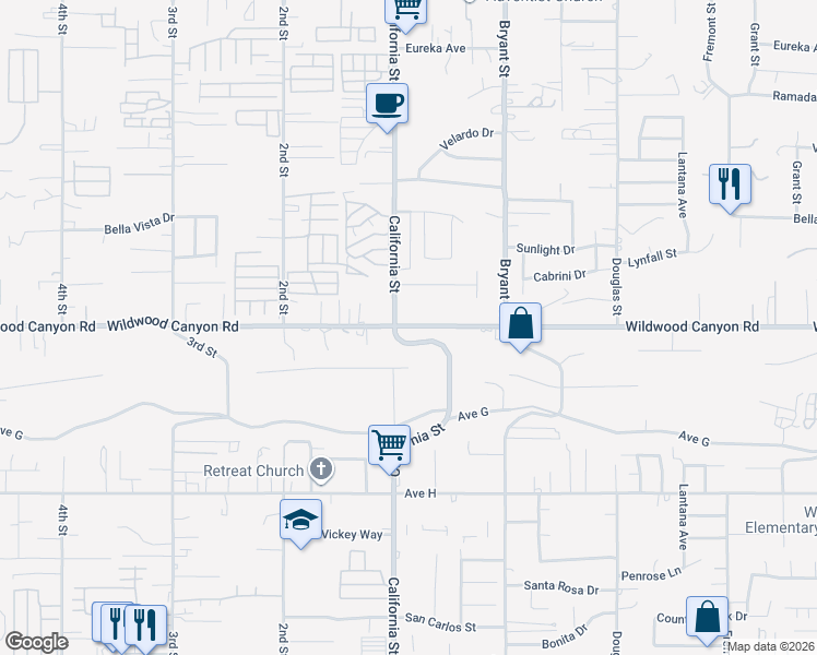 map of restaurants, bars, coffee shops, grocery stores, and more near 35077 Wildwood Canyon Road in Yucaipa