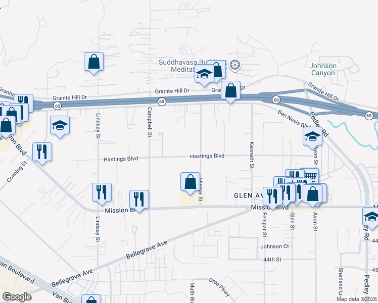 map of restaurants, bars, coffee shops, grocery stores, and more near 9440 Hastings Boulevard in Riverside